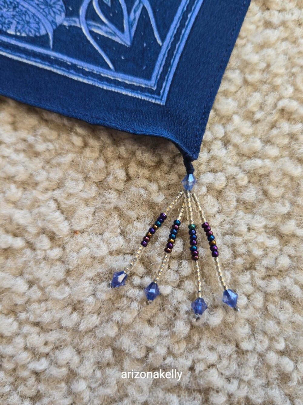 NWOT Blue Silk Oblong Scarf With Beads on Each Corner - Picture 2 of 16